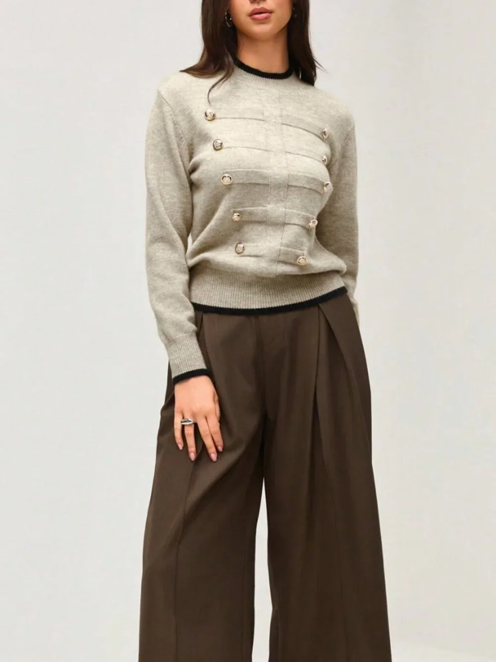 Khaki Casual Women's Contrast Trim Half-High Neck Gold Button Knit Sweater